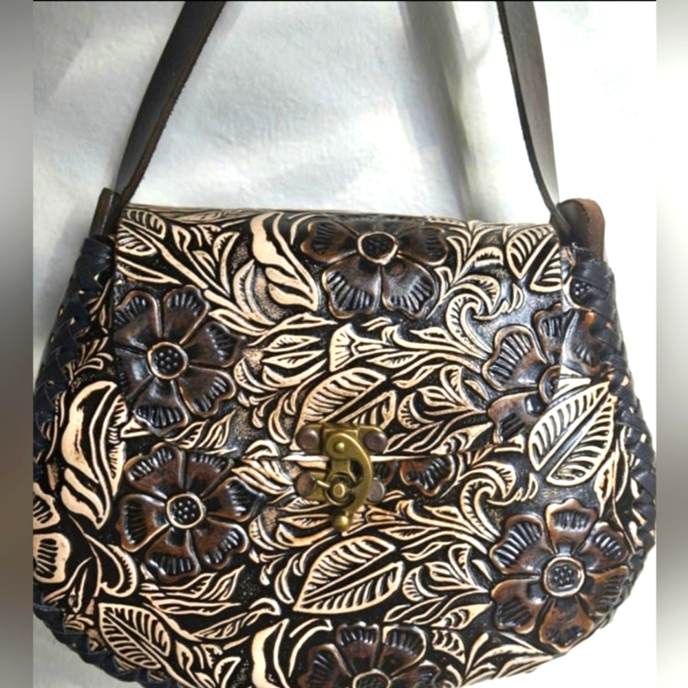 Brand New Hand-Tooled Leather Floral Purse / Handmade Mexican Bag